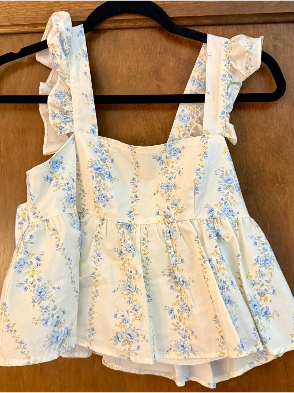 Altar'd State Cream Tank with Blue Floral Ruffle Straps